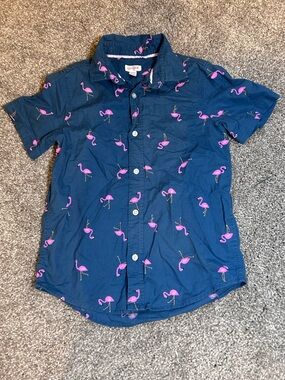 Cat & Jack Navy Short-Sleeve Button-Down Shirt with Pink Flamingos